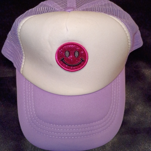 Purple and White Trucker Hat with Pink Smiley Patch One Size - Picture 1 of 2
